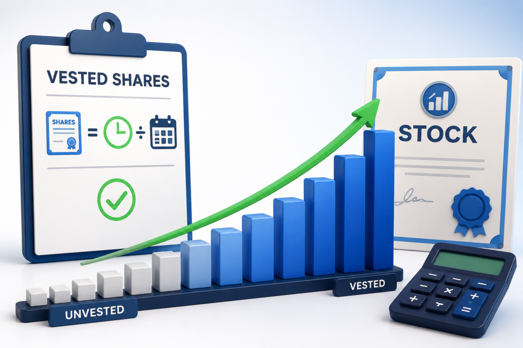 How to calculate vested shares illustration with a vesting schedule, growing share chart, stock certificate, and calculator